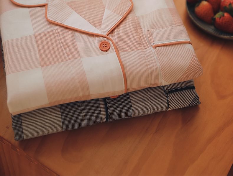 Couple Matching Pajama Set: Long-Sleeve Lapel Collar Gingham Button-Up Top + Pants