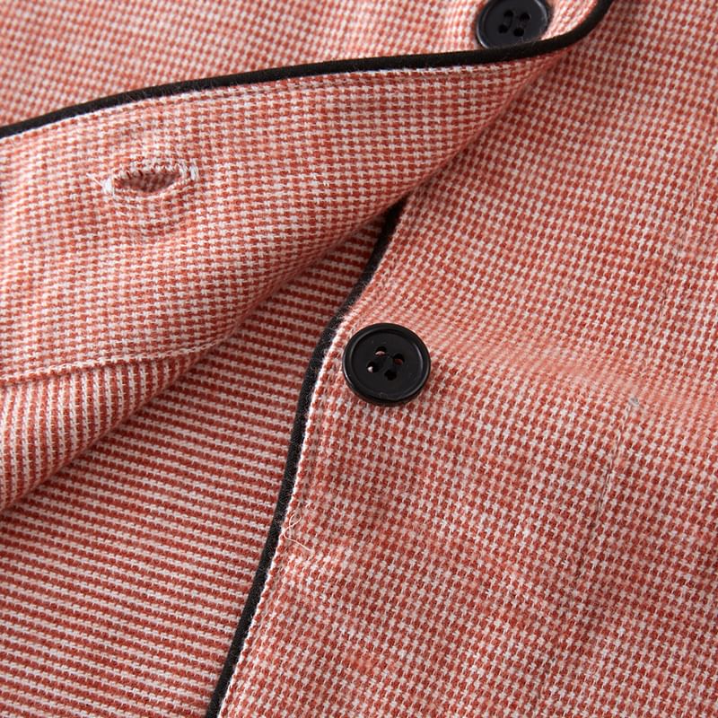 Couple Matching Pajama Set: Long-Sleeve Lapel Collar Houndstooth Button-Up Top + Pants