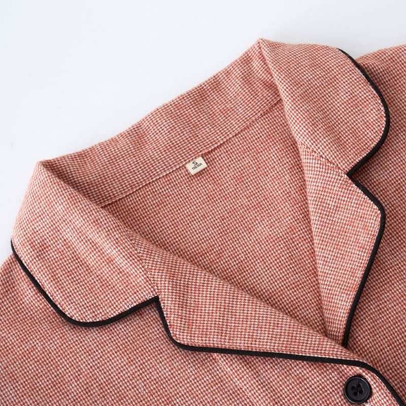 Couple Matching Pajama Set: Long-Sleeve Lapel Collar Houndstooth Button-Up Top + Pants