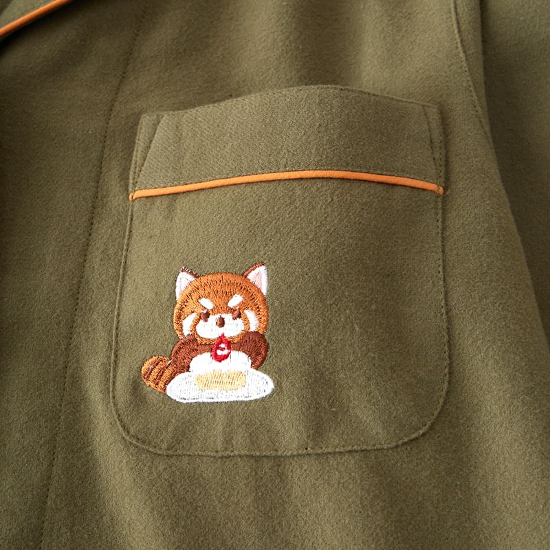 Couple Matching Pajama Set: Long-Sleeve Lapel Collar Raccoon Embroidered Button-Up Top + Pants