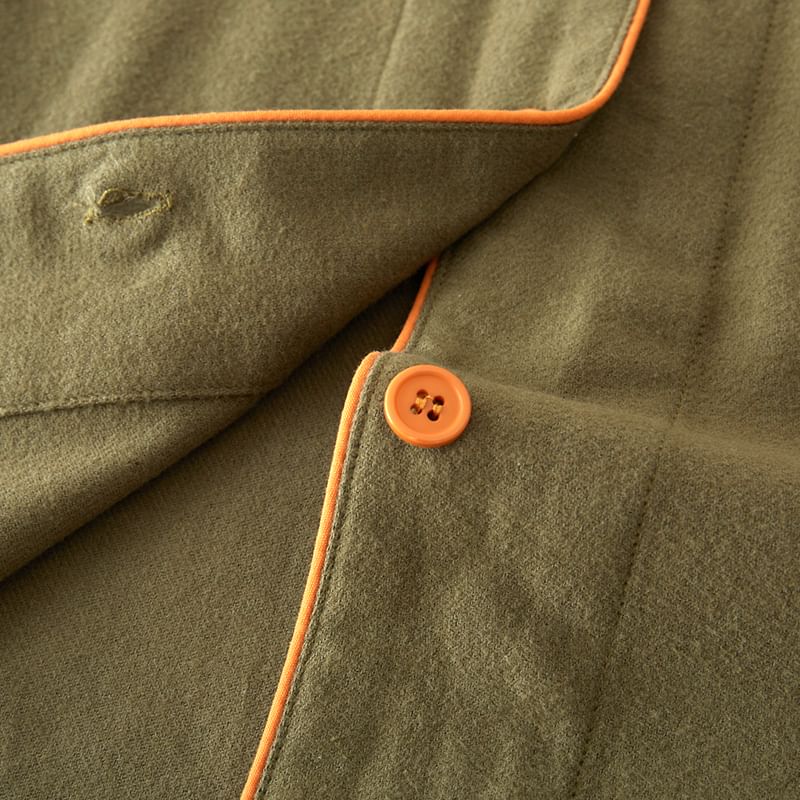 Couple Matching Pajama Set: Long-Sleeve Lapel Collar Raccoon Embroidered Button-Up Top + Pants