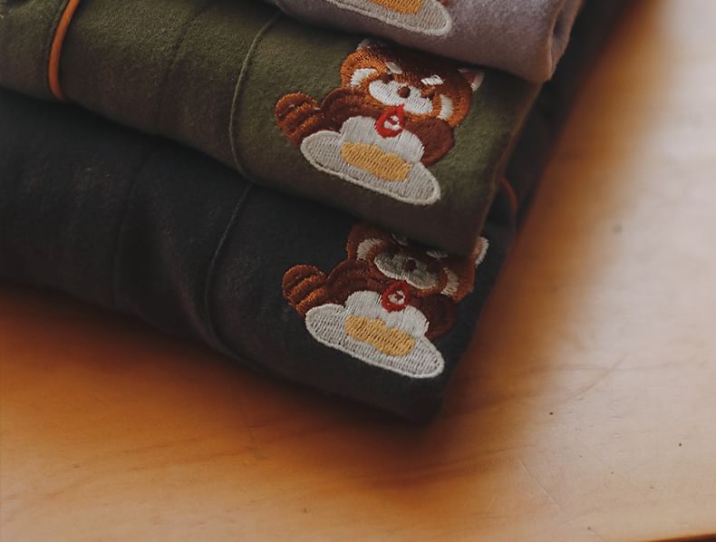 Couple Matching Pajama Set: Long-Sleeve Lapel Collar Raccoon Embroidered Button-Up Top + Pants