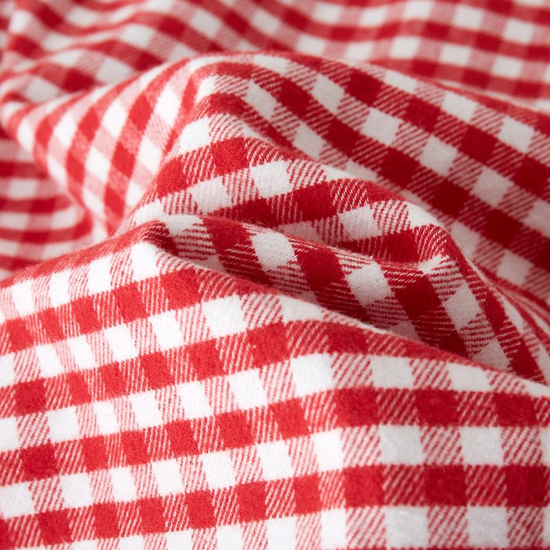 Couple Matching Pajama Set: Long-Sleeve Collared Gingham Panda Embroidered Button-Up Top + Pants