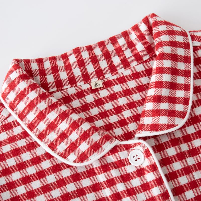 Couple Matching Pajama Set: Long-Sleeve Collared Gingham Panda Embroidered Button-Up Top + Pants