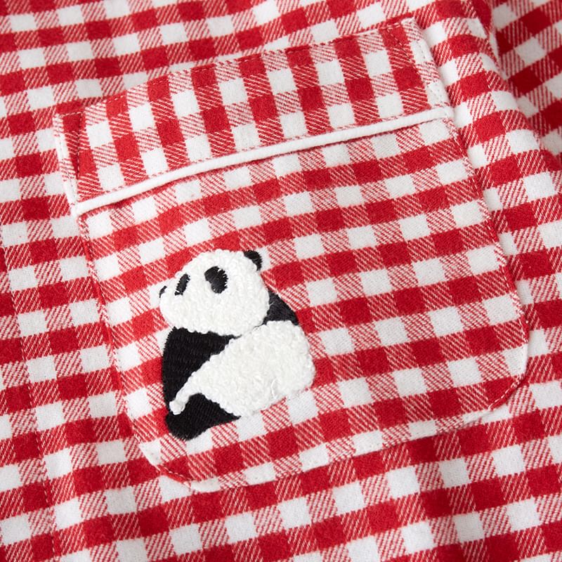 Couple Matching Pajama Set: Long-Sleeve Collared Gingham Panda Embroidered Button-Up Top + Pants