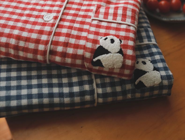 Couple Matching Pajama Set: Long-Sleeve Collared Gingham Panda Embroidered Button-Up Top + Pants