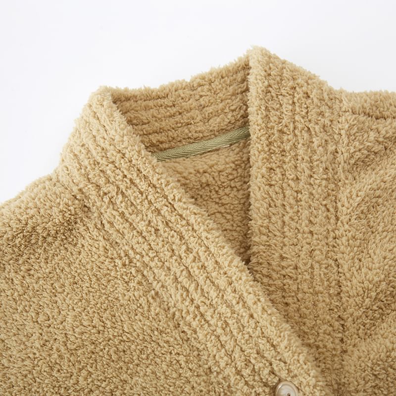 Couple Matching Pajama Set: Long-Sleeve V-Neck Plain Button-Up Fleece Top + Pants