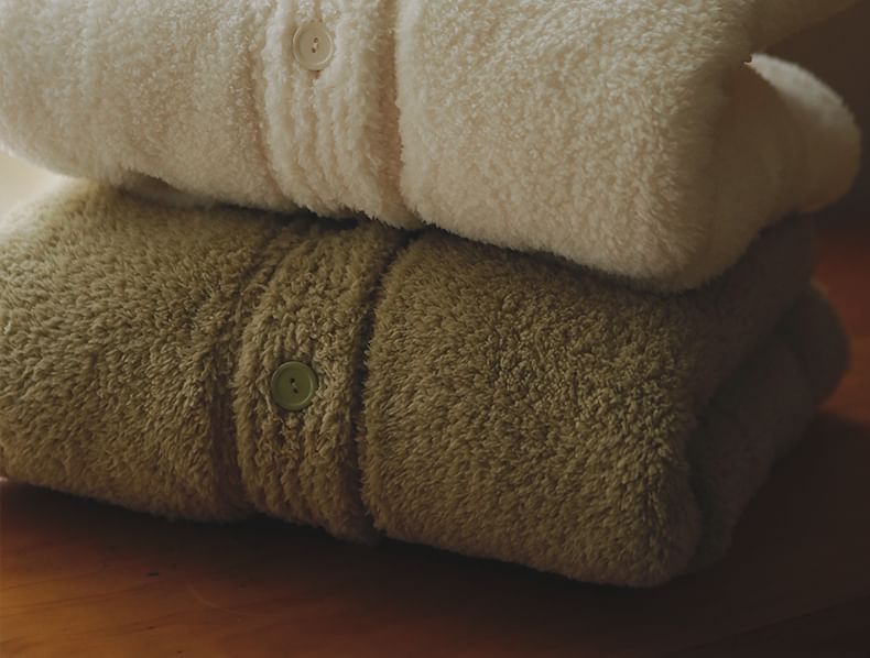 Couple Matching Pajama Set: Long-Sleeve V-Neck Plain Button-Up Fleece Top + Pants