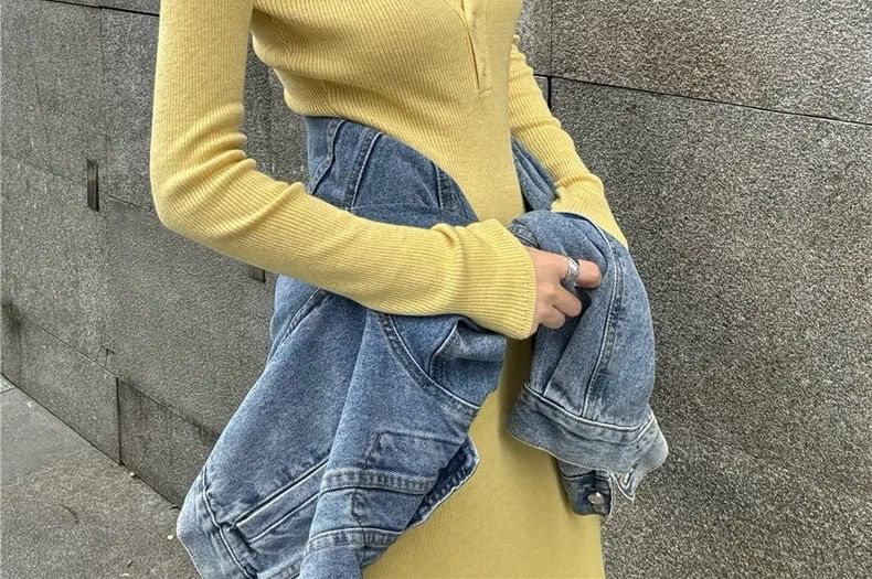 Ribbed Half-Buttoned Knit Sheath Maxi Dress