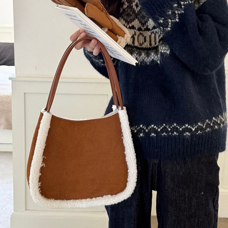 Faux Shearling Trim Shoulder Bag