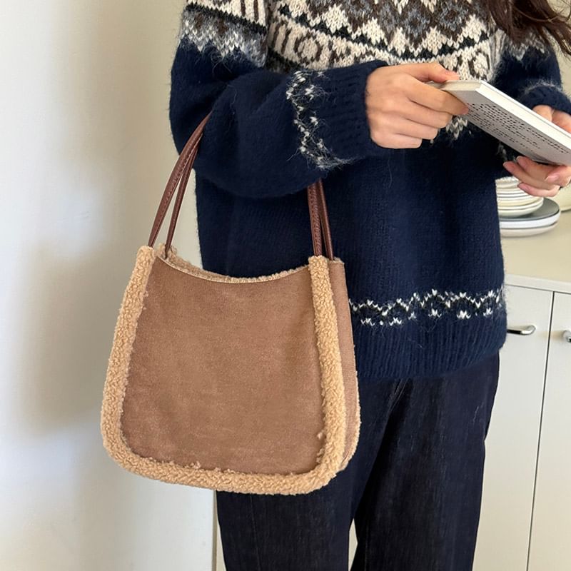 Faux Shearling Trim Shoulder Bag