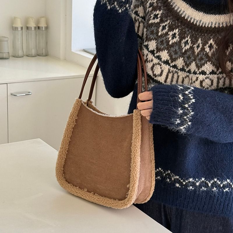 Faux Shearling Trim Shoulder Bag
