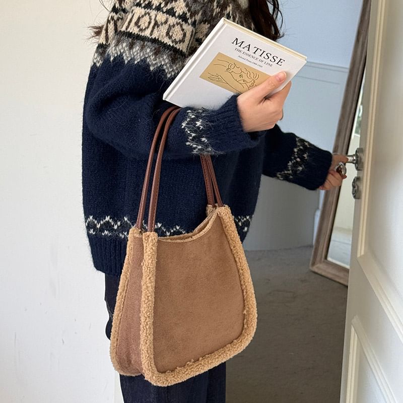 Faux Shearling Trim Shoulder Bag