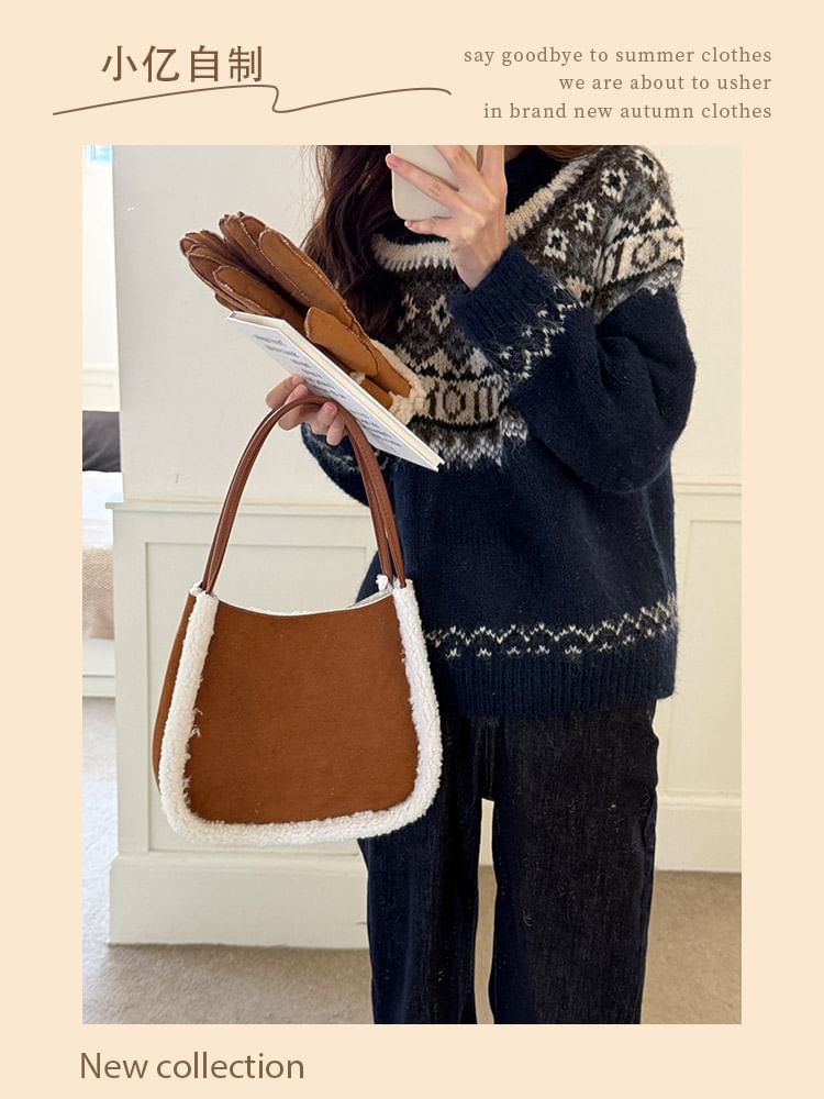 Faux Shearling Trim Shoulder Bag