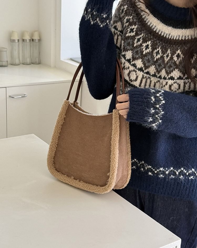 Faux Shearling Trim Shoulder Bag