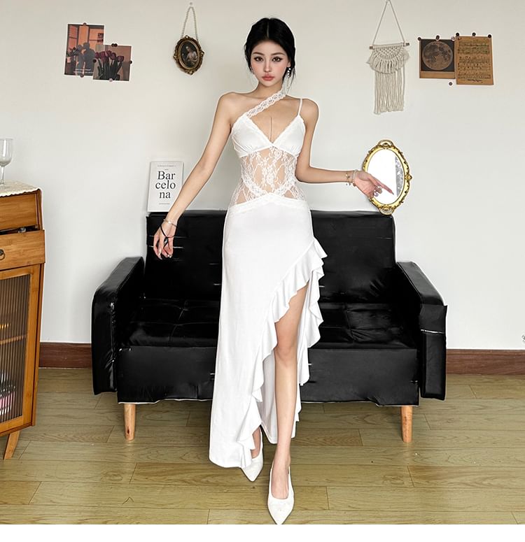 One Shoulder Ruffle Bodycon Maxi Dress with Lace