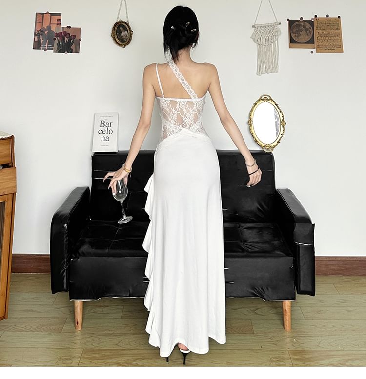 One Shoulder Ruffle Bodycon Maxi Dress with Lace