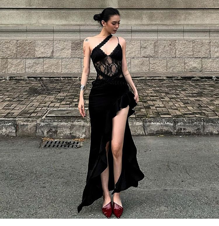 One Shoulder Ruffle Bodycon Maxi Dress with Lace