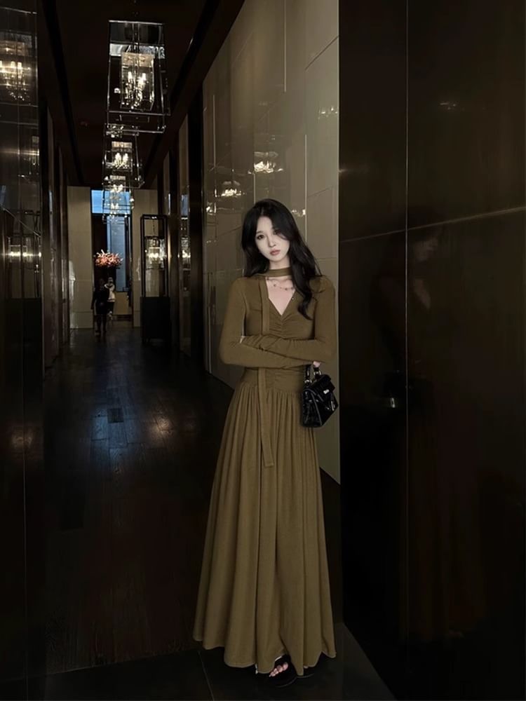 Ruched V-Neck Long Sleeve A-Line Maxi Dress