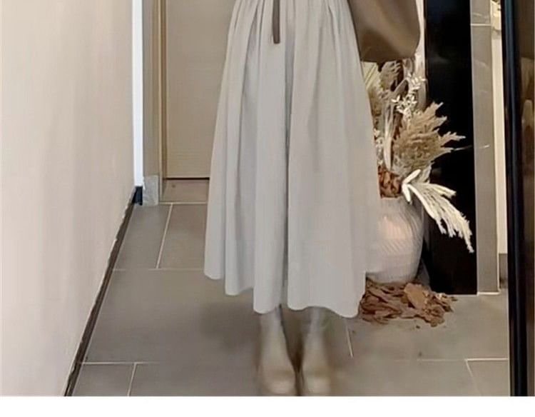 Square Neck Long-Sleeved Plain Maxi A-Line Dress