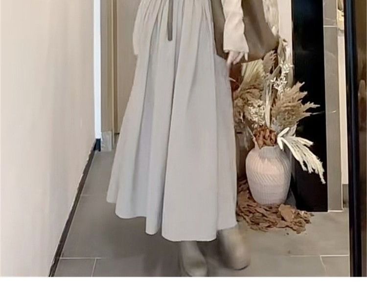 Square Neck Long-Sleeved Plain Maxi A-Line Dress