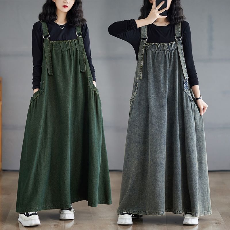 Washed Denim A-Line Overall Maxi Dress