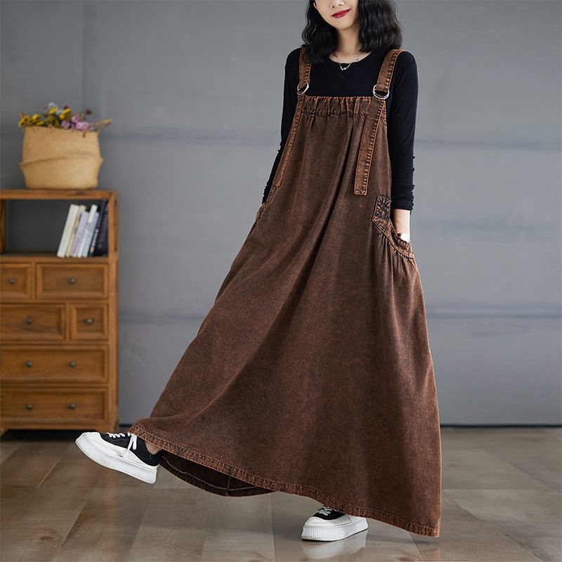 Washed Denim A-Line Overall Maxi Dress