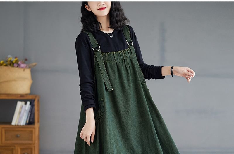 Washed Denim A-Line Overall Maxi Dress