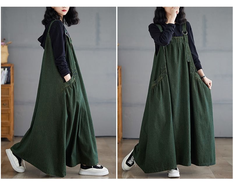 Washed Denim A-Line Overall Maxi Dress