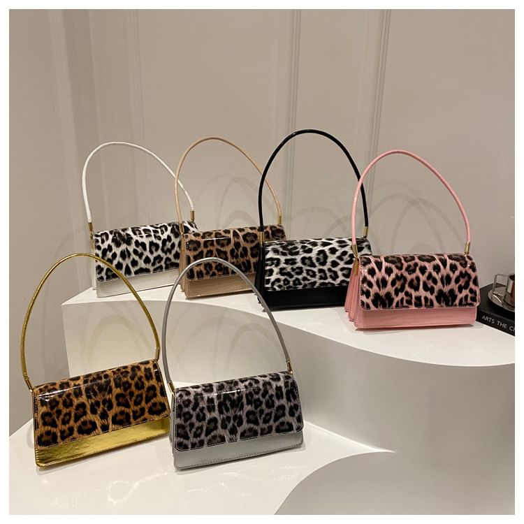 Leopard Print Faux Leather Flap Shoulder Bag