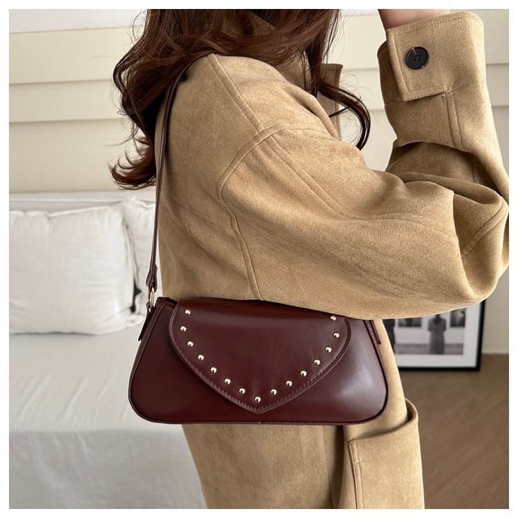 Studded Faux Leather Flap Shoulder Bag