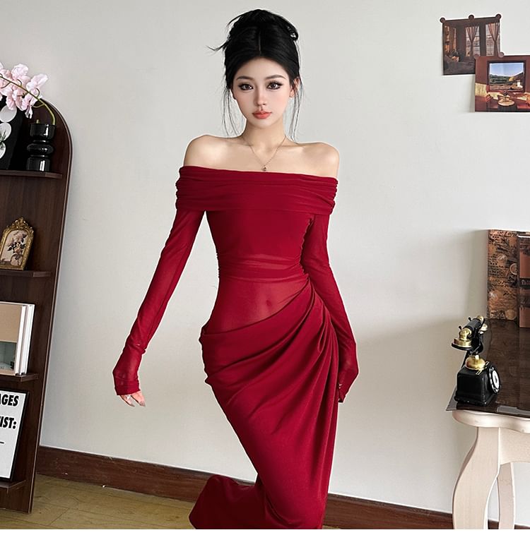 Off Shoulder Sheath Maxi Dress with Long Sleeves