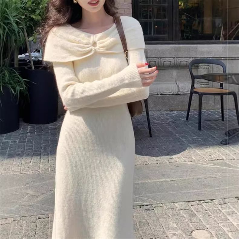 Off Shoulder Ribbed Knit A-Line Maxi Dress