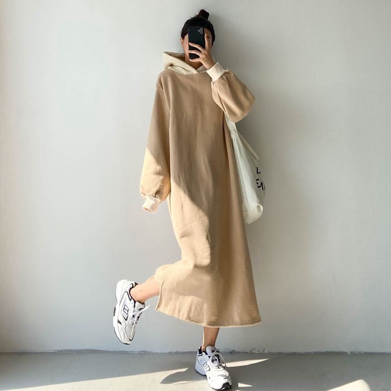 Two Tone Puff Sleeve Hoodie Maxi Dress