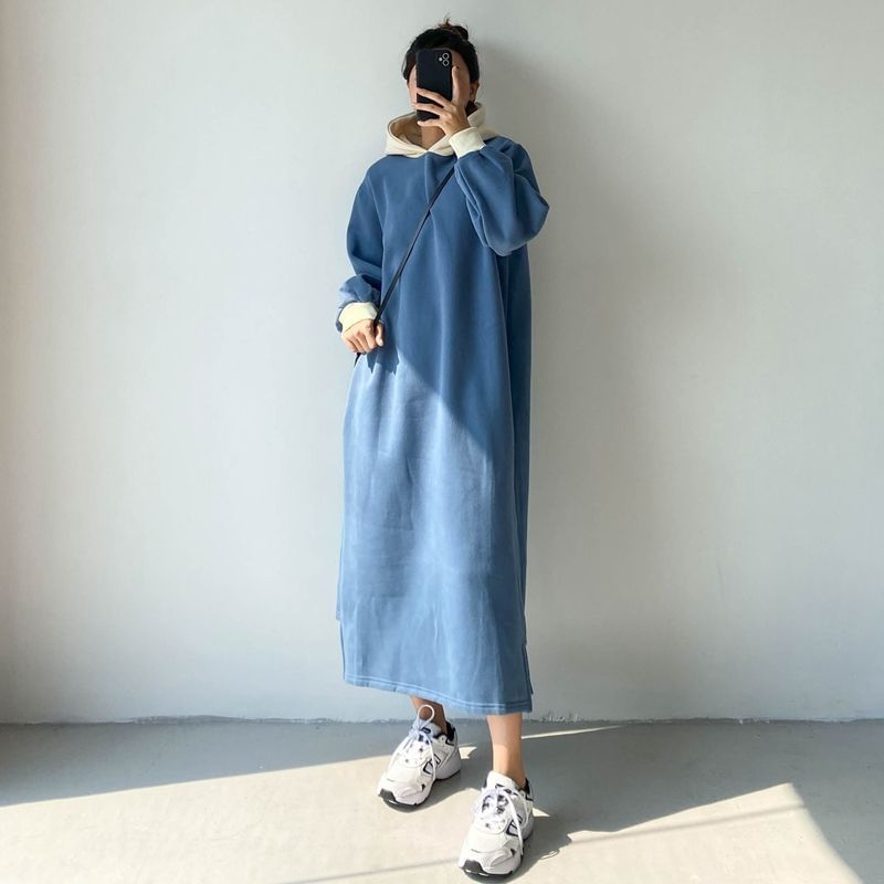 Two Tone Puff Sleeve Hoodie Maxi Dress