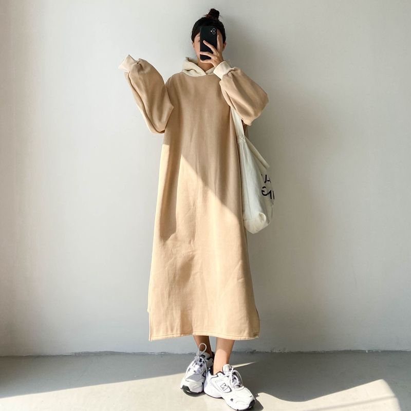 Two Tone Puff Sleeve Hoodie Maxi Dress