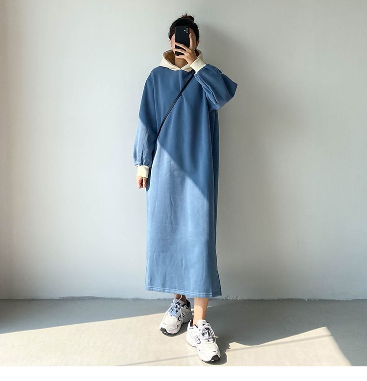 Two Tone Puff Sleeve Hoodie Maxi Dress