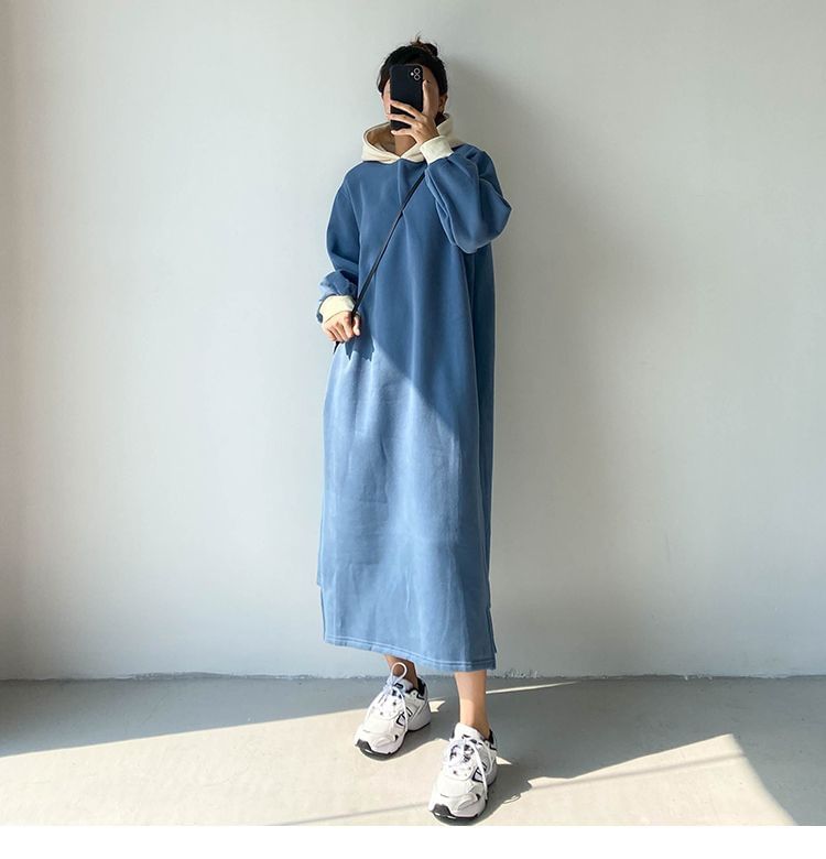 Two Tone Puff Sleeve Hoodie Maxi Dress
