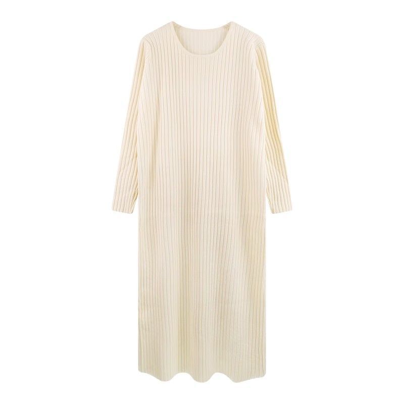 Crewneck Knit Long-Sleeved Maxi A-Line Dress