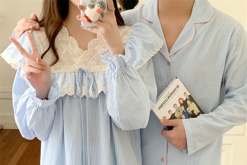 Couple Matching Pajama Set: Long-Sleeve Striped Top + Pants