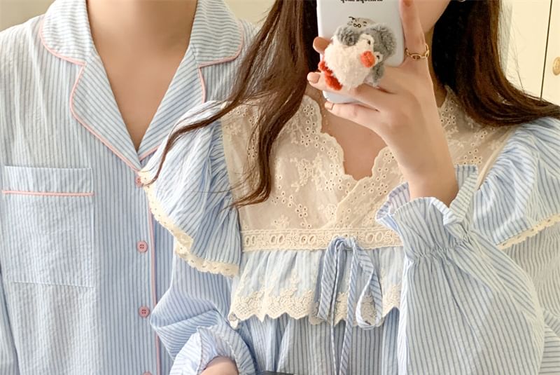 Couple Matching Pajama Set: Long-Sleeve Striped Top + Pants