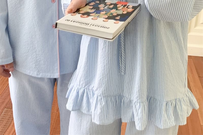 Couple Matching Pajama Set: Long-Sleeve Striped Top + Pants