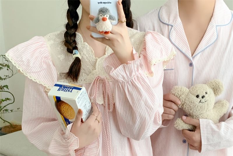 Couple Matching Pajama Set: Long-Sleeve Striped Top + Pants