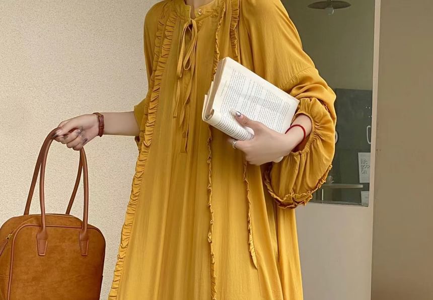 Tie Neck Frill Panel A-Line Maxi Dress, Long Sleeve