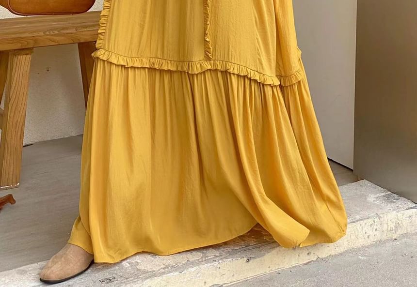Tie Neck Frill Panel A-Line Maxi Dress, Long Sleeve