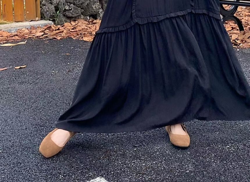 Tie Neck Frill Panel A-Line Maxi Dress, Long Sleeve