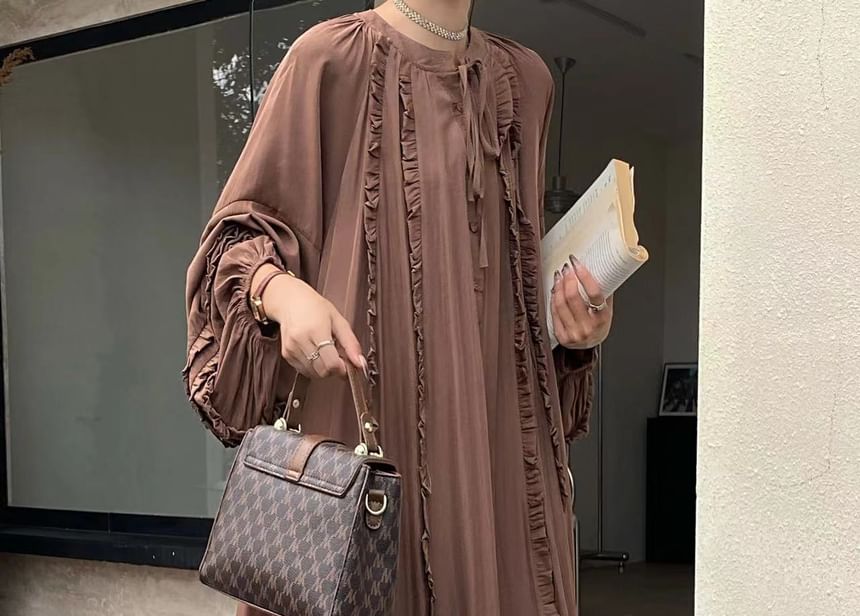 Tie Neck Frill Panel A-Line Maxi Dress, Long Sleeve