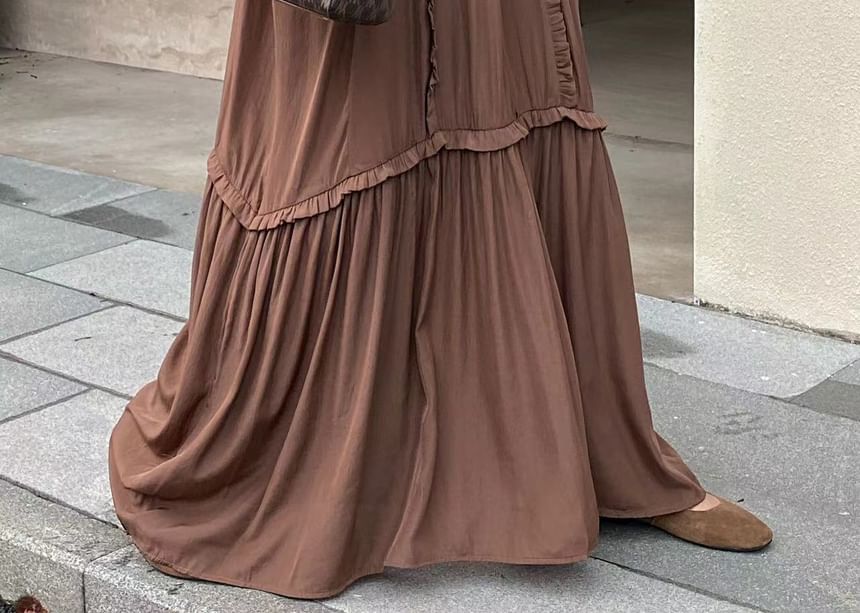 Tie Neck Frill Panel A-Line Maxi Dress, Long Sleeve