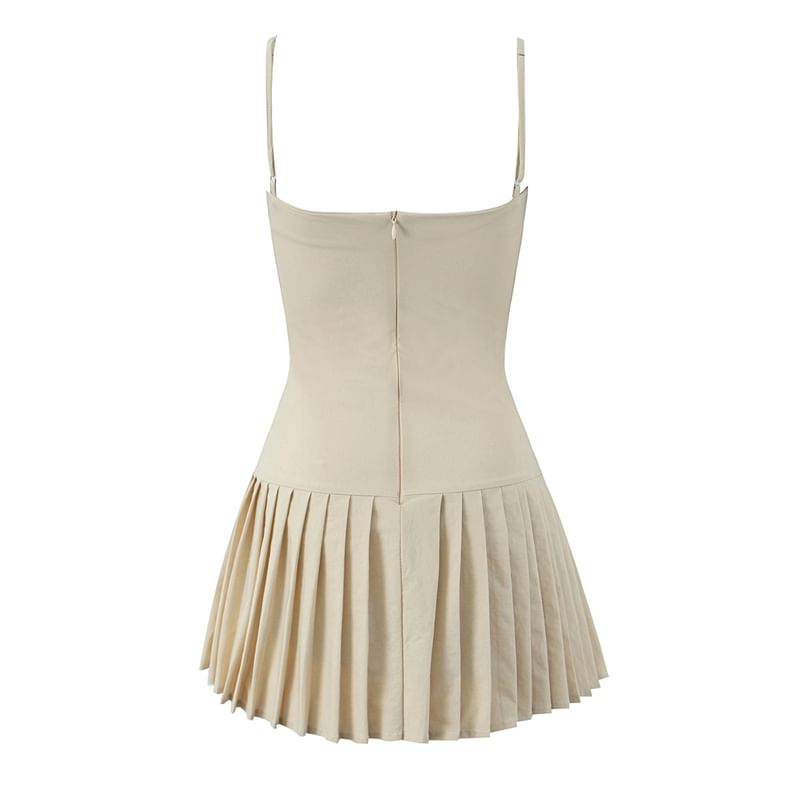 Ruched Pleated Mini A-Line Dress with Button Accent