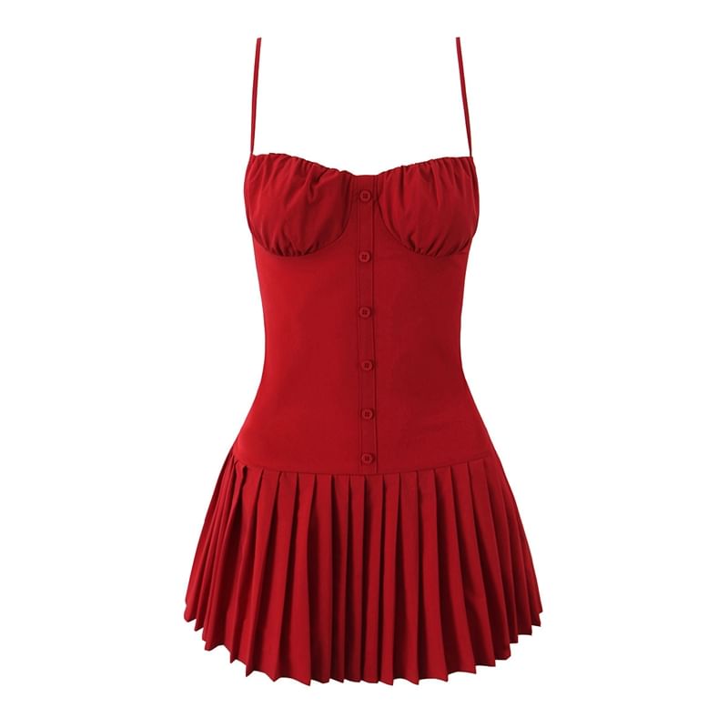 Ruched Pleated Mini A-Line Dress with Button Accent